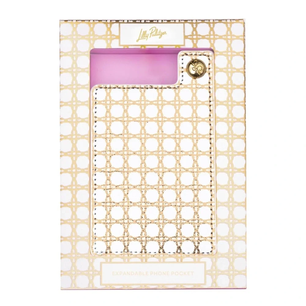 LILLY PULITZER Phone Pocket ID Card Holder for Phone Case Button Snap Gold Cane